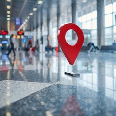 Fototapeta premium Airport location pin. Red pinpoint in a busy airport terminal, symbolizing travel, navigation, and finding your way.