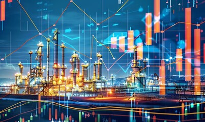 Abstract representation of an oil and gas refinery with storage tanks, overlaid with dynamic demand and price charts symbolizing market fluctuations