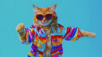 A playful and stylish cat wearing sunglasses and a colorful clothes, dancing. This vibrant and humorous image captures the quirky personality of cats and brings a smile with its bright colors and whim