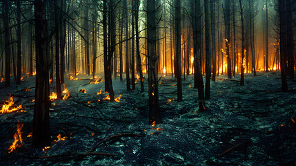 Fototapeta premium Forest fire burns through dense pine forest at dusk, creating surreal and dangerous scene. Fire is visible in undergrowth, burning leaves and branches of trees. 