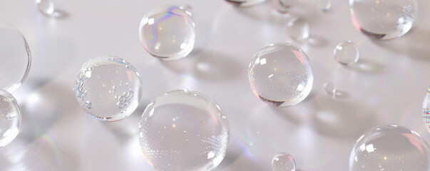 A mix of large and small bubbles floating randomly on a clean white canvas, each bubble reflecting light uniquely.