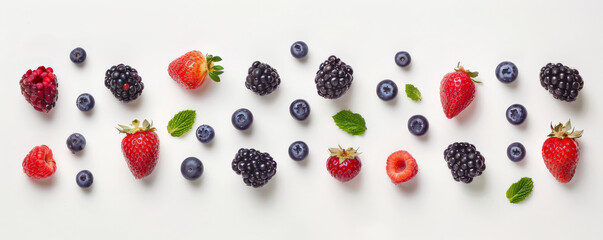 Top-down view of a variety of organic ripe berries, artistically arranged on a white background.
