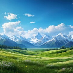 Fototapeta premium Vibrant green meadows extending to the horizon under a clear blue sky, Capped by towering mountains with snow-capped peaks. 