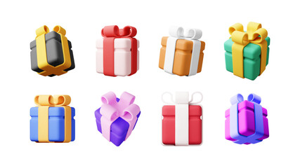 3D gift box set isolated. Render Collection of colorful wrapped box. Christmas, new year, sale, shopping. Present box with bows ribbons. Giftbox for valentine, birthday, holiday. Vector illustration