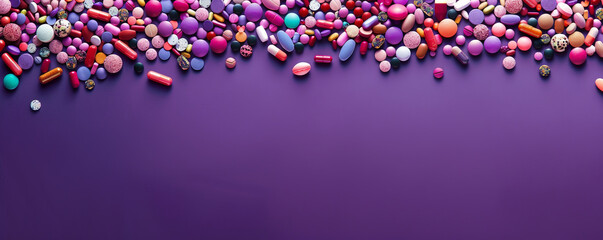 An artistic arrangement of pills creating a border along the top and bottom edges of a purple background, leaving the center free for text. The rich purple color enhances the visual appeal of the