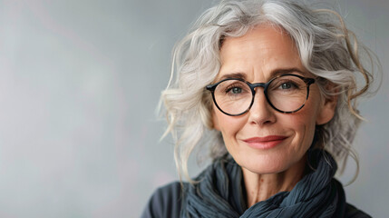 Fototapeta premium Portrait of a happy mature woman looking at the camera against a bright white background.