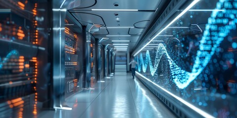 Futuristic corridor with advanced technology displays and data visualizations on the walls