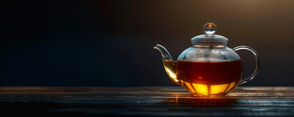 The elegant silhouette of a glass teapot with tea, set against a dark background. The warm, amber tea glows softly, leaving ample space for text beside it.