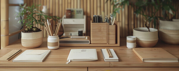 A conceptual image of a zero waste home office. Recycled paper notebooks, bamboo pens, and a compost bin are prominently displayed, showcasing eco-friendly and sustainable work habits.