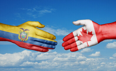 Canada and Ecuador country handshaking with flags, consensus concept international co-operation illustration