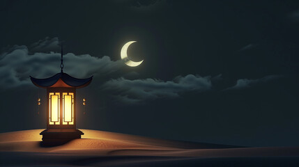 A lantern glowing softly in the dark, casting an ethereal light on a crescent moon and clouds above it.
