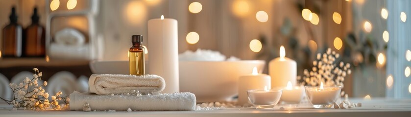 Cozy spa setting with candles, essential oils, towels, and fairy lights creating a relaxing and serene ambiance.