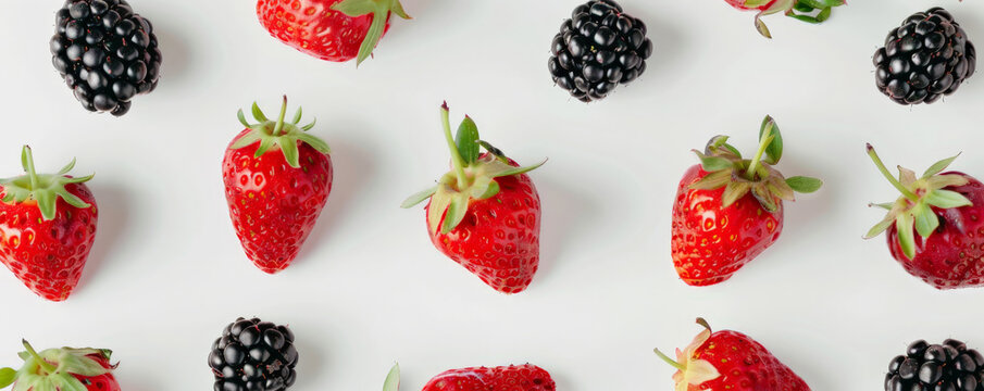 Top-down view of organic ripe berries, such as strawberries and blackberries, laid out on a white background.