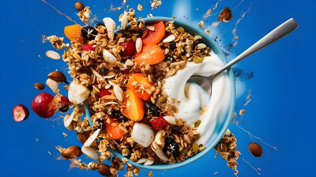 Dynamic Bowl of Yogurt and Fruit Muesli on Blue Background - Energizing Food Scene. A vibrant bowl of yogurt and fruit muesli set against a blue background, exuding dynamism and energy.