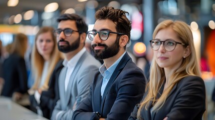 Focused on Success: A diverse team of professionals stand attentively, their eyes fixed on a shared goal, conveying determination and ambition in a modern business setting. 