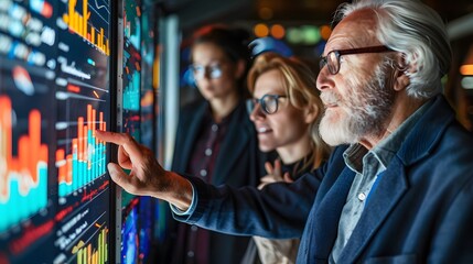 Obraz premium Data-Driven Decisions: A team of business professionals analyze data on a large screen, demonstrating their commitment to data-driven decision-making in a modern, tech-savvy environment.