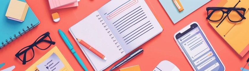 Flat lay featuring office supplies like notebooks, pens, eyeglasses, and a smartphone on a vibrant orange background for productivity themes.