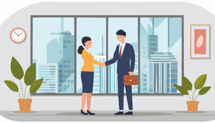Obraz premium Business man and woman are shaking hands at office near window. Vector, illustration