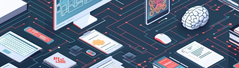 Futuristic technology concept with various digital devices, circuits, and a brain model, symbolizing artificial intelligence and innovation.