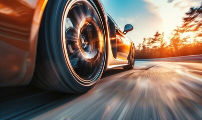 High-Performance Sports Car Wheel Close-up on Sun-Drenched Highway: Dynamic Motion Blur Captures Exhilarating Speed and Precision Engineering. Sleek Tire Treads and Alloy Rim Showcase Automotive Excel