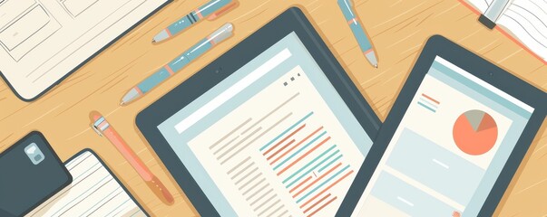 Illustration of a workspace with tablets, documents, and stationery on a wooden desk, depicting modern work environment and productivity tools.