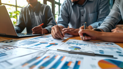 Team Analyzing Business Reports and Charts in Collaborative Office Meeting