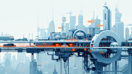 Fototapeta premium Digital illustration Photorealistic rendering modern factory with robotic arms futuristic city with advanced infrastructure innovation hub with cutting-edge technology showcasing industry development 