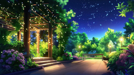 Obraz premium Serene night garden pathway illuminated by soft lights, surrounded by lush greenery and vibrant flowers under a starry sky