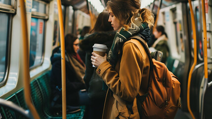 Young Woman Commuting on Crowded Subway with Coffee in Hand