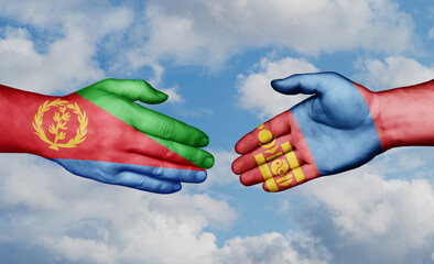 Mongolia and Eritrea country handshaking with flags, consensus concept international co-operation illustration