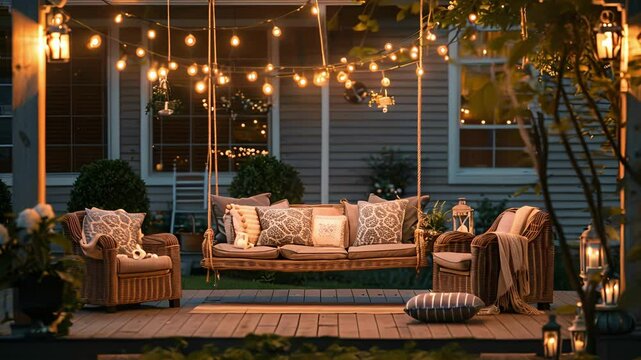 An oldfashioned backyard patio with a porch swing and a set of wicker chairs adorned with vintage Americanainspired pillows and a string of string lights hanging above.