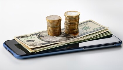 Fototapeta premium cash and coins on a mobile phone