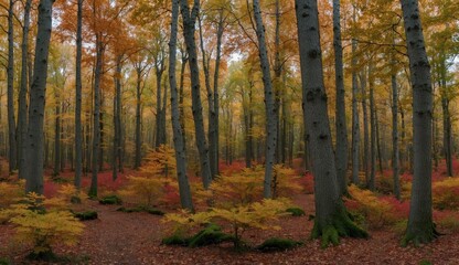 Obraz premium Autumn forest with orange and yellow trees and foliage