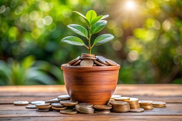 Plant growing in savings coins