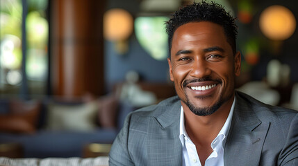 Obraz premium Confident Man in Gray Suit Smiling in Modern Interior