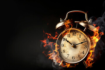 Retro alarm clock with empty clock face burning on black background, Black Friday sale mockup, alarm clock in fire, time out or deadline, big sale, hot discounts concept, super realistic image