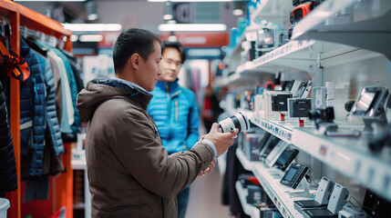 a salesman demonstrating a surveillance camera to a customer in a tech store