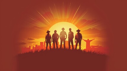 Fototapeta premium Labor Day poster with silhouettes of workers from different sectors standing tall, with a radiant sunrise and the phrase