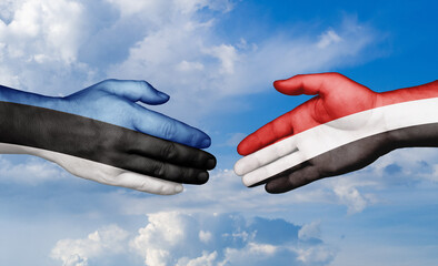 Yemen and Estonia country handshaking with flags, consensus concept international co-operation illustration