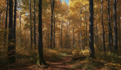 Obraz premium Serene forest pathway framed by golden autumn foliage.