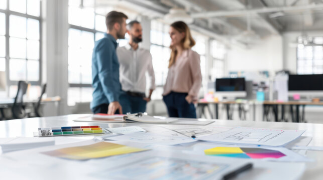 A group of professionals collaborating in a modern office environment with various documents and color palettes on the table.