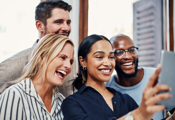 Creative, team and digital selfie of business people with tablet, solidarity and support at tech startup. Photography, portrait and staff with confidence, development and diversity at design agency.