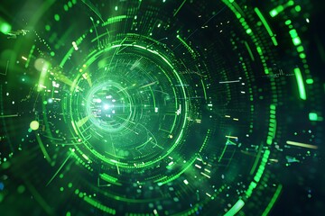 A captivating image of a futuristic green data vortex symbolizing cyberspace and digital technology, featuring neon effects and intricate details