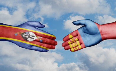 Mongolia and Eswatini country handshaking with flags, consensus concept international co-operation illustration