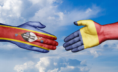 Romania and Eswatini country handshaking with flags, consensus concept international co-operation illustration