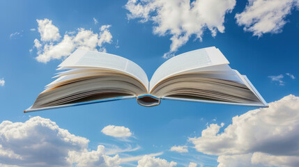 An open book floating in a blue sky with fluffy clouds, symbolizing creativity and imagination.