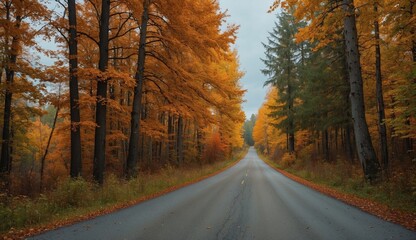 Obraz premium Scenic autumnal road surrounded by vibrant orange trees
