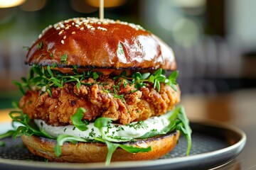sophisticated fried chicken burger with a delicate, crispy fried chicken patty, a tangy aioli, and a sprinkle of fresh herbs