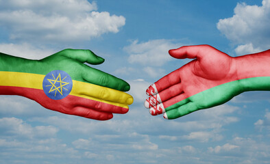 Belarus and Ethiopia country handshaking with flags, consensus concept international co-operation illustration