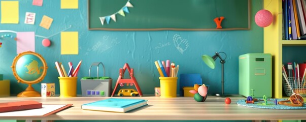 A whimsical teacher s desk with various teaching aids and decorations, Creative, Bright colors, Digital illustration, emphasizing a fun and engaging learning environment